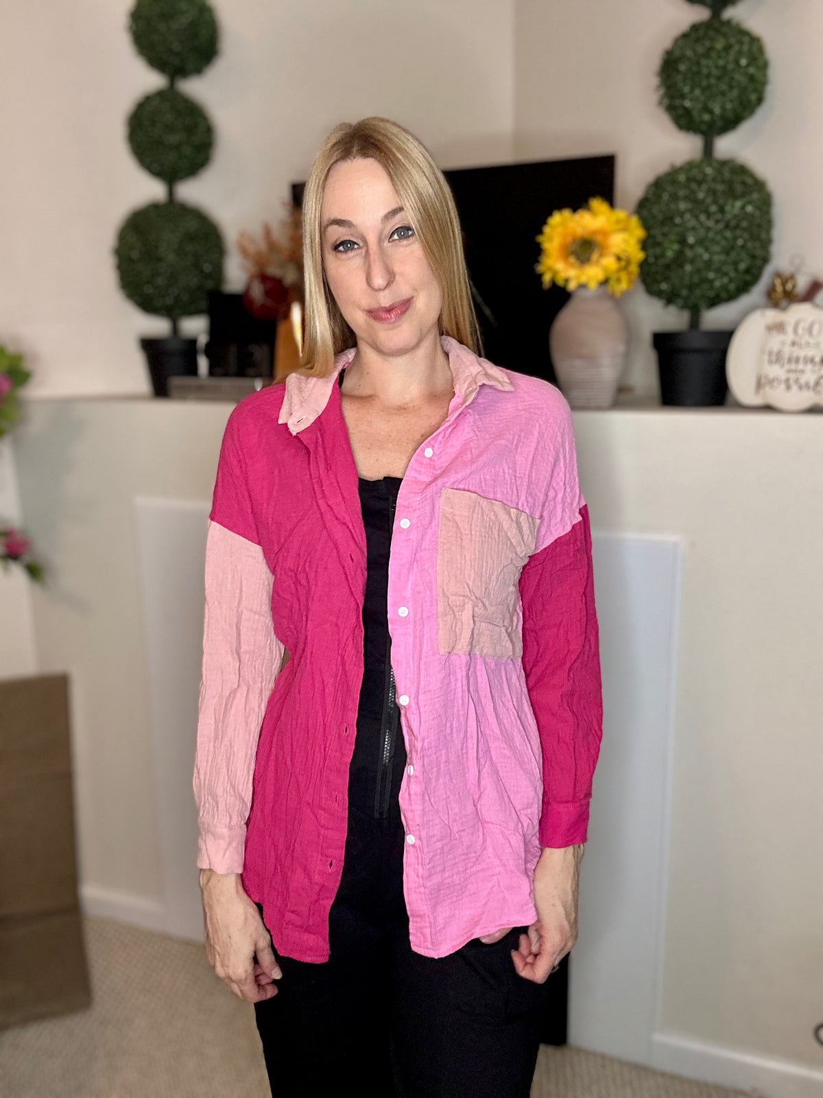 Pink color block cotton button down shirt