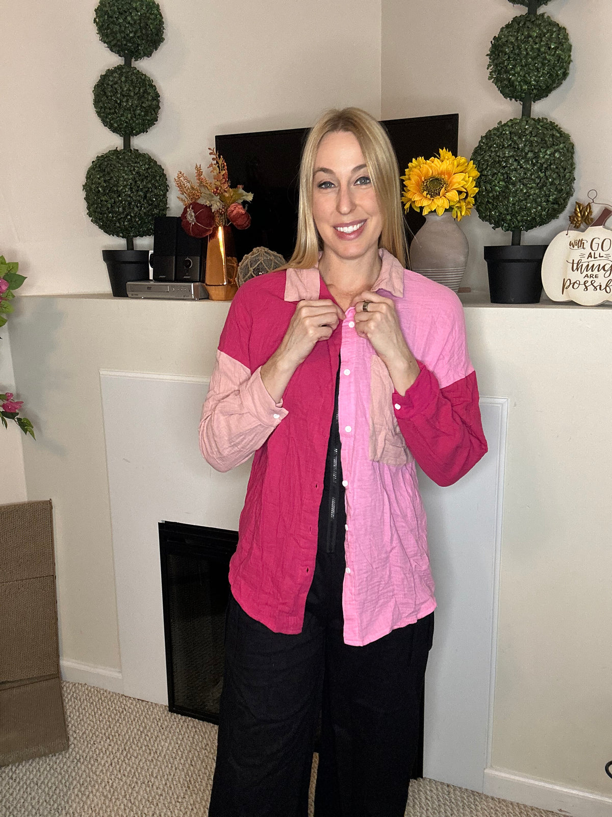 Pink color block cotton button down shirt