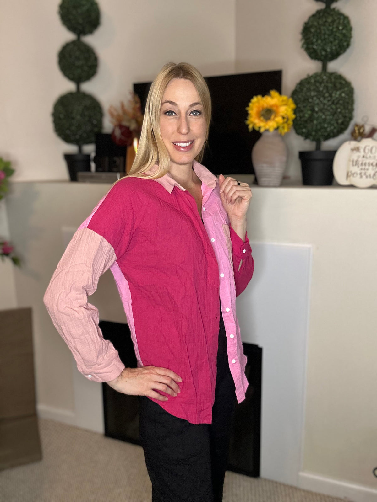 Pink color block cotton button down shirt