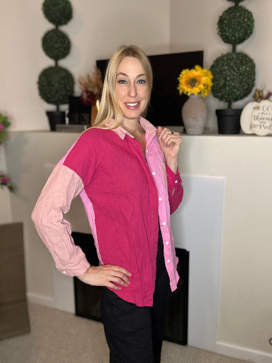 Pink color block cotton button down shirt