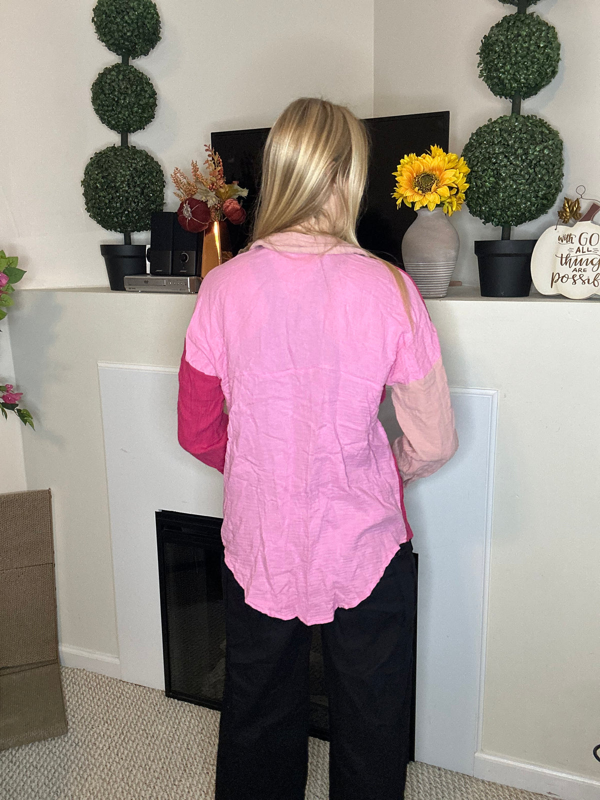 Pink color block cotton button down shirt