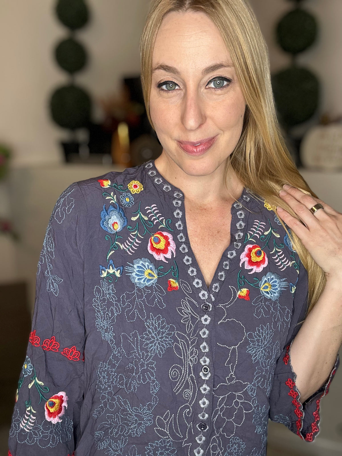 Charcoal peasant embroidered tunic