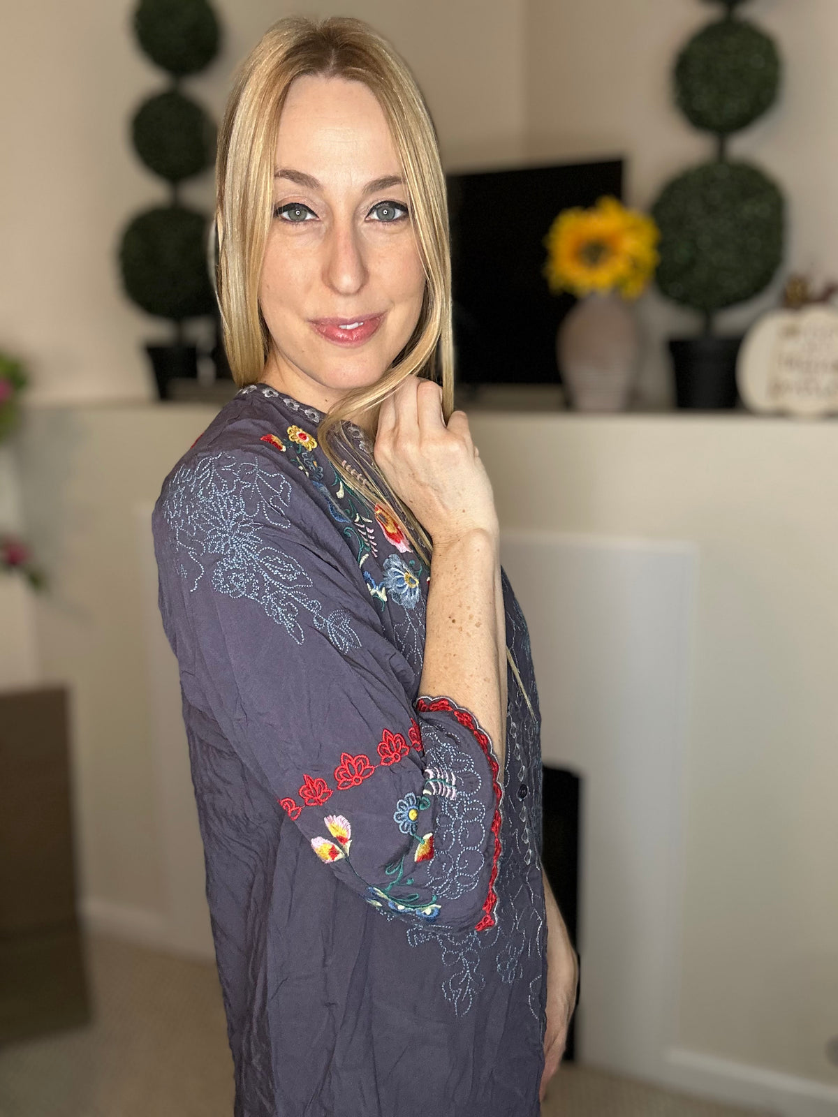 Charcoal peasant embroidered tunic