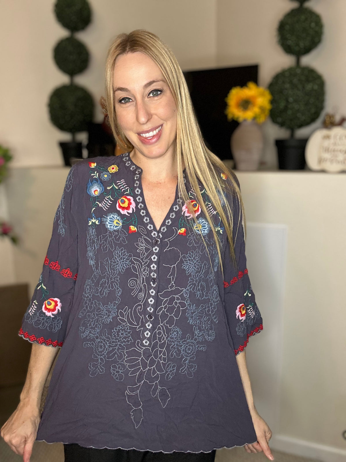 Charcoal peasant embroidered tunic