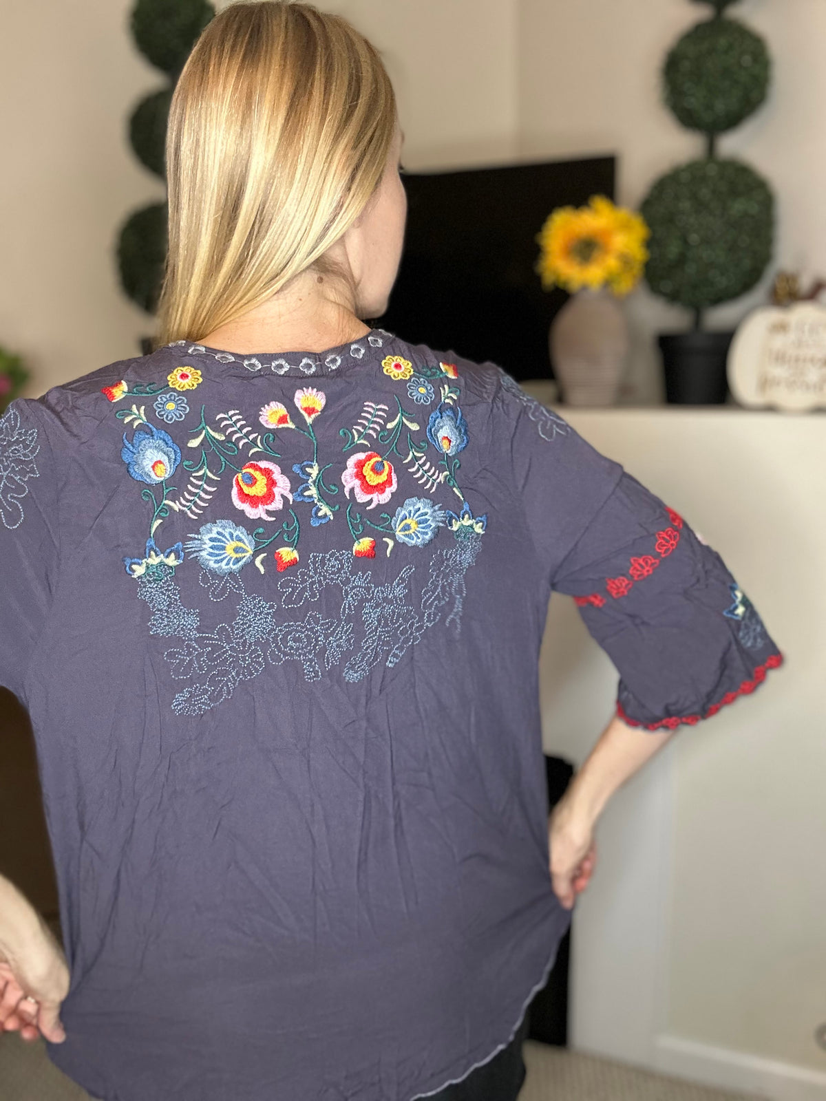 Charcoal peasant embroidered tunic