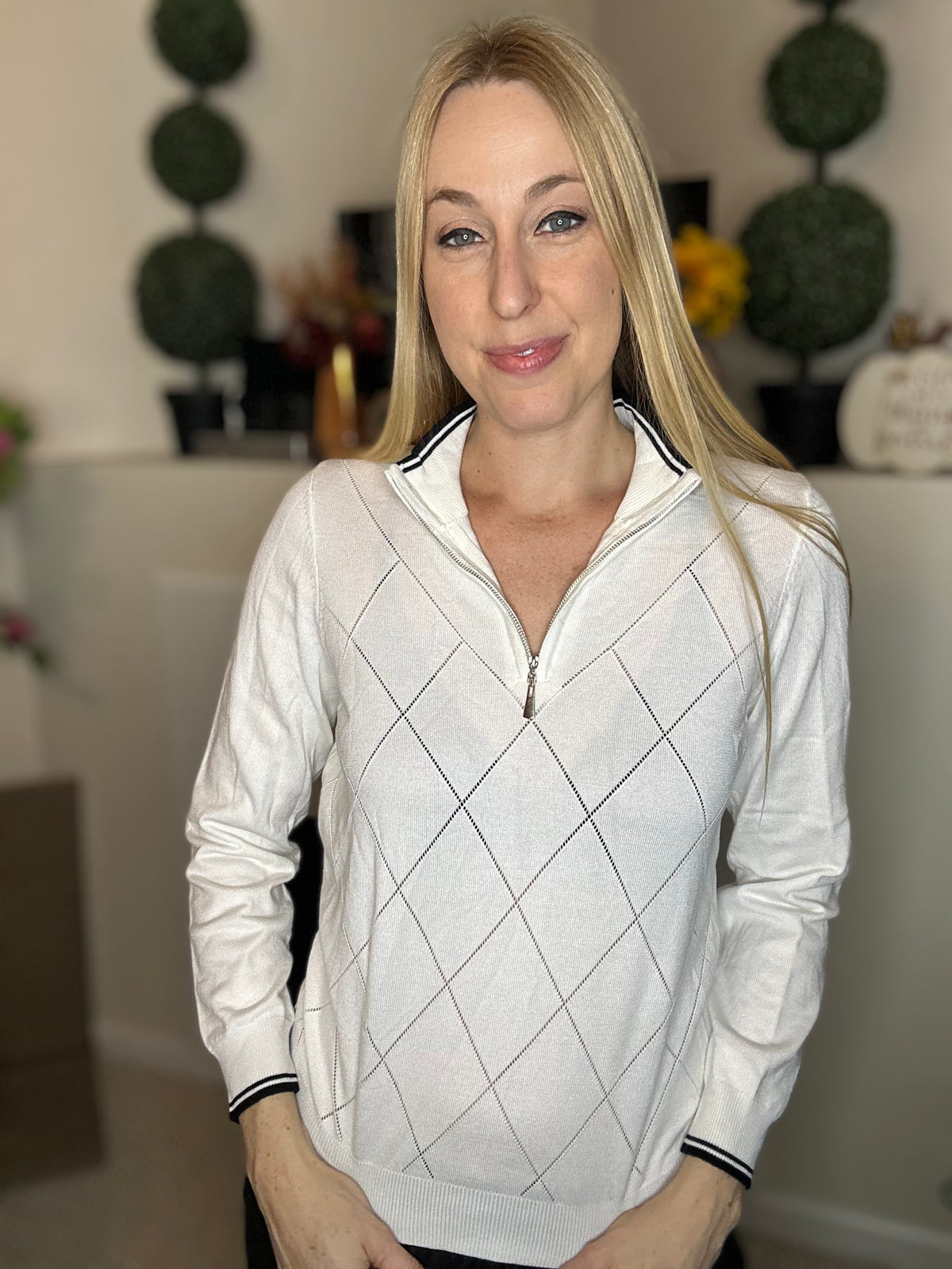 Argyle collared sweater with quarter zip