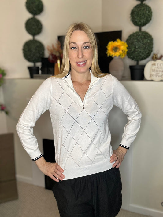 Argyle collared sweater with quarter zip
