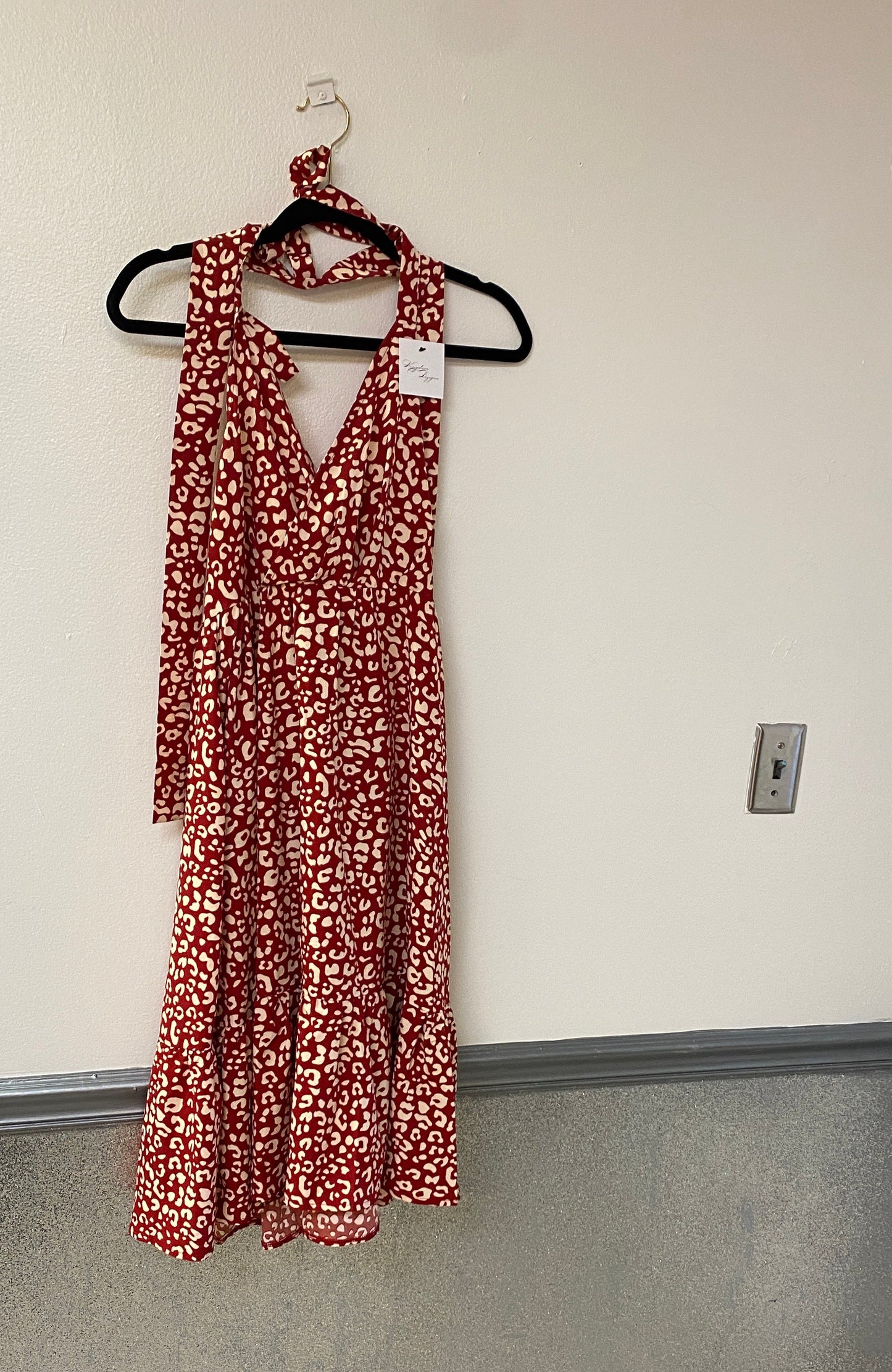 Red and white leopard print halter dress