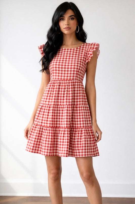 Red gingham midi dress