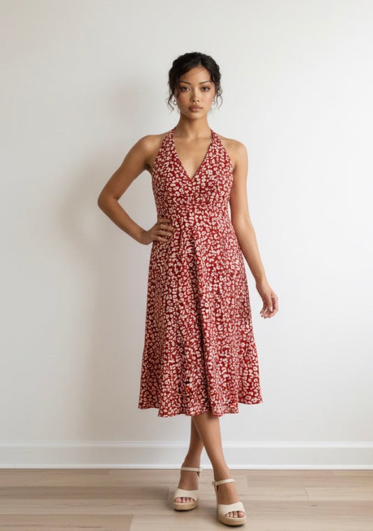 Red and white leopard print halter dress