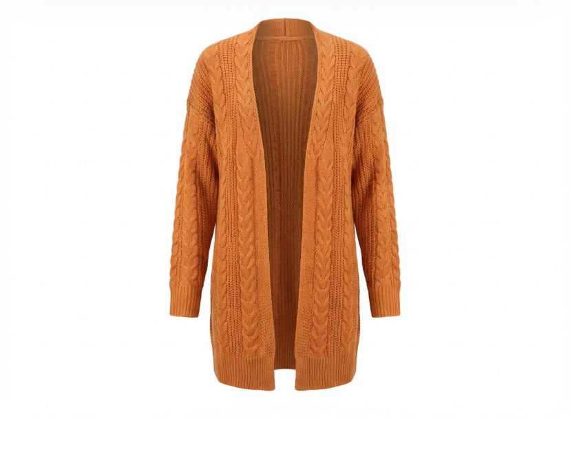 Long orange cable knit cardigan