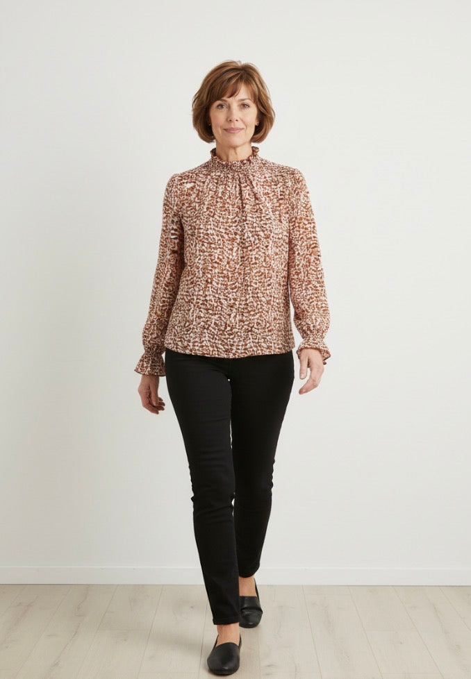 Long sleeve brown patterned blouse