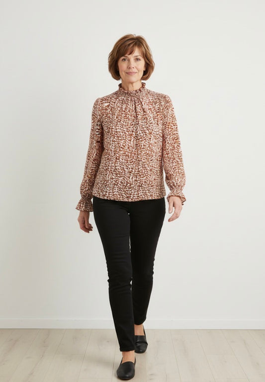 Long sleeve brown patterned blouse