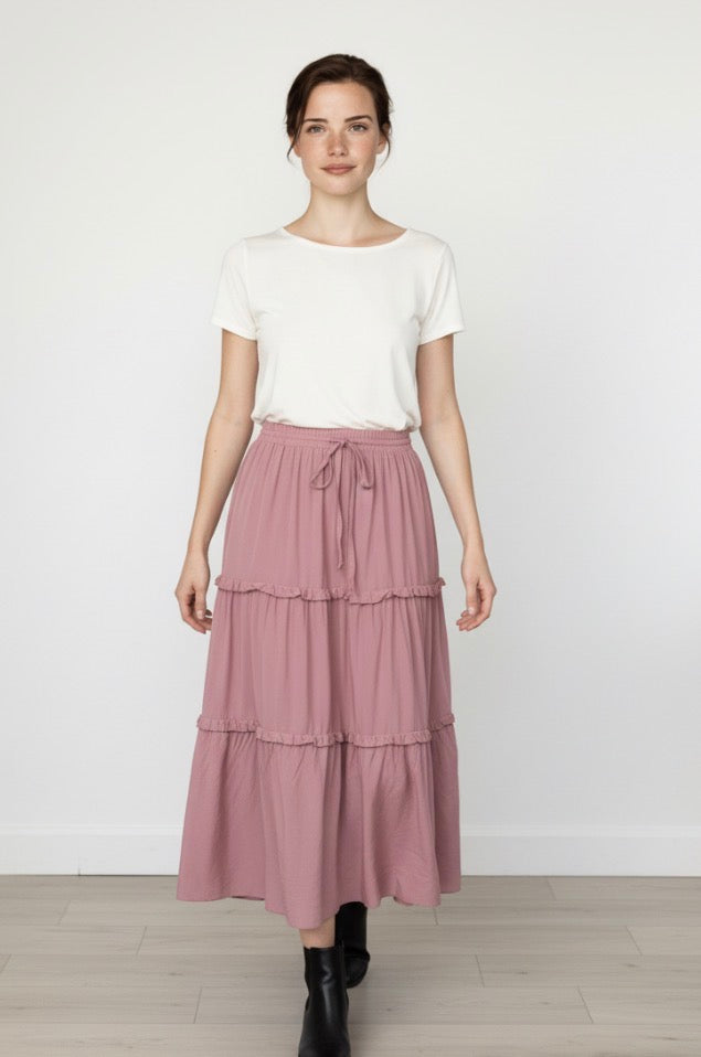 Zenana Tiered pink maxi skirt