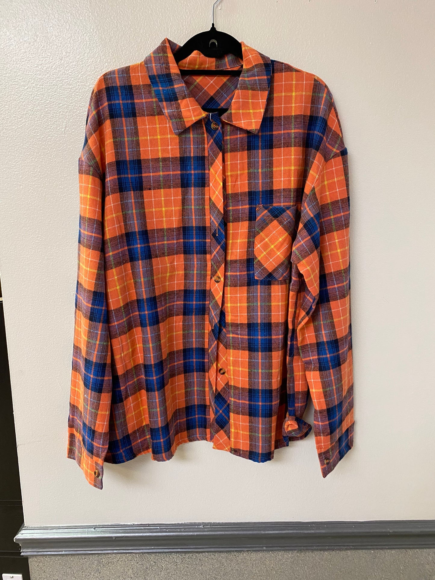 Orange and blue plaid button up shirt