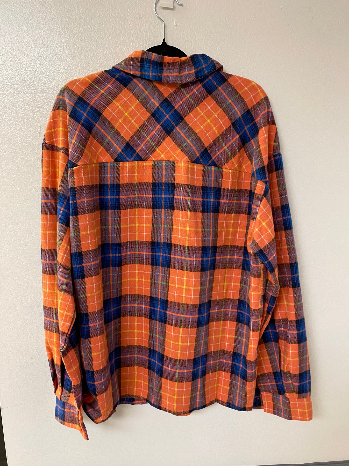Orange and blue plaid button up shirt