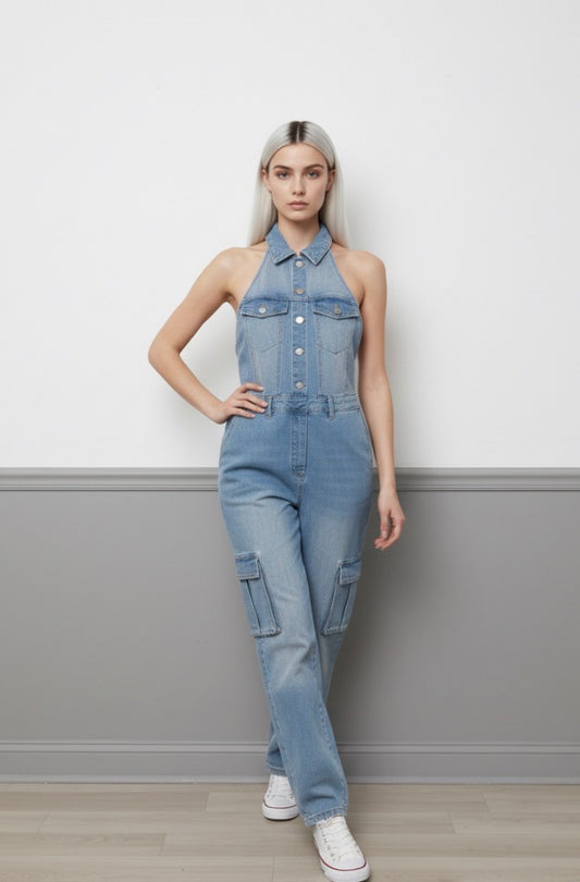 Timing Denim Halter Jumpsuit