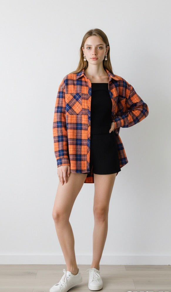 Orange and blue plaid button up shirt