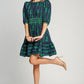 Umgee Ribbon Print Frill Contrast Velvet Trim Half Sleeve Dress