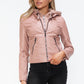 Snobbish Faux Leather Zip Up Drawstring Hooded Jacket