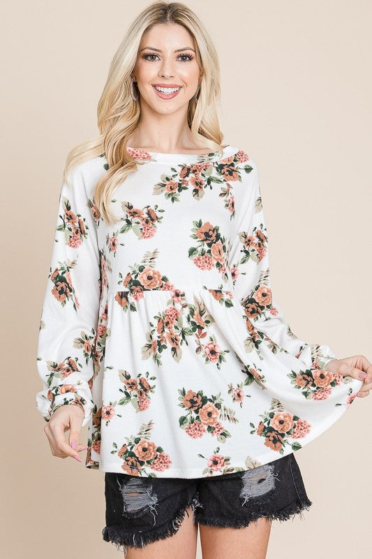 Super Lady Full Size Babydoll Floral Boat Neck Long Sleeve Blouse