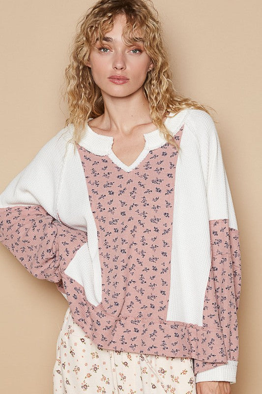 POL Waffle Knit Floral Notched Long Sleeve Top