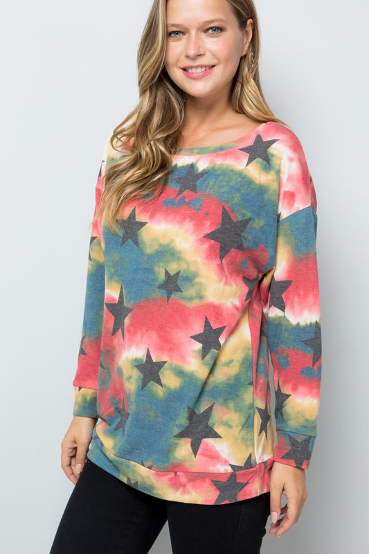 Celeste Tie-Dye Star Round Neck Long Sleeve T-Shirt