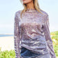 Davi & Dani Sequin Mock Neck Long Sleeve Mesh Top