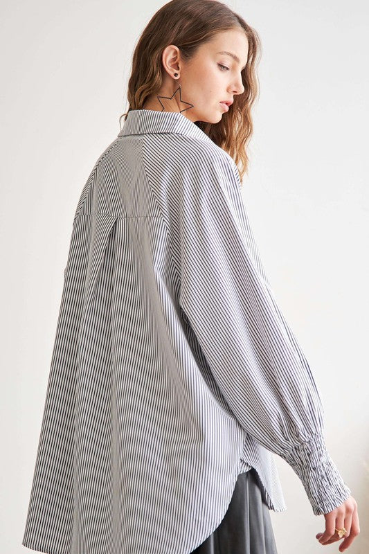 ADORA High-Low Striped Button Down Smocked Lantern Sleeve Shirt