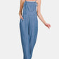 Zenana Washed Adjustable Strap Wide Leg Denim Overalls