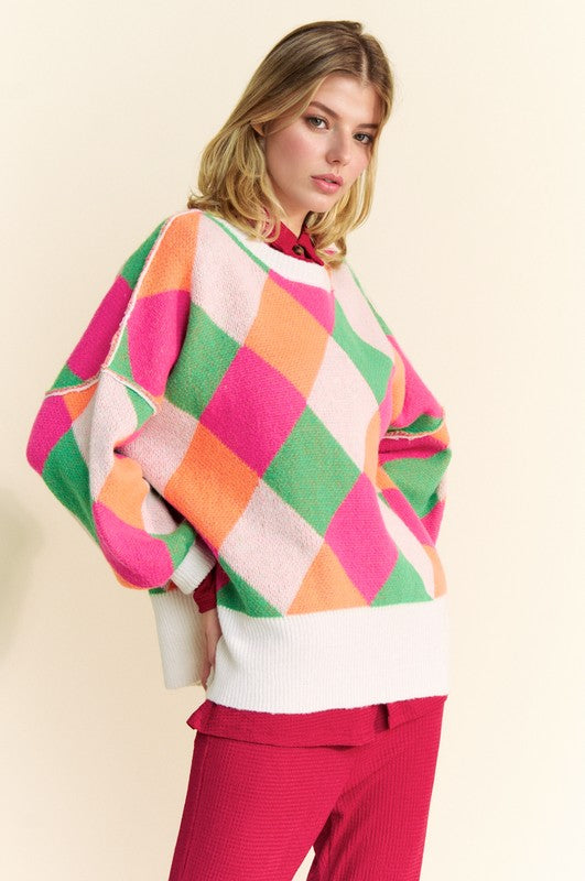 Davi & Dani Exposed Seam Color Block Dropped Shoulder Sweater