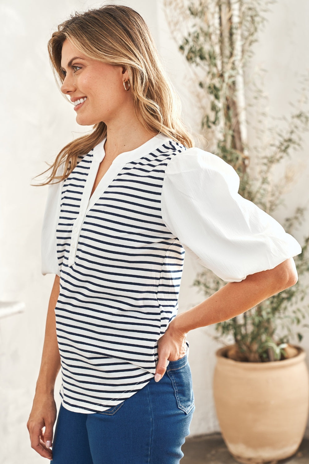 Hailey & Co Striped Contrast Puff Sleeve Top