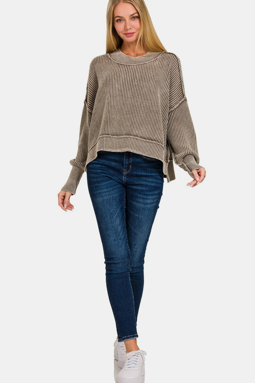 Zenana Exposed Seam Round Neck Dropped Shoulder Sweater