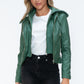 Snobbish Faux Leather Zip Up Drawstring Hooded Jacket