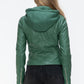 Snobbish Faux Leather Zip Up Drawstring Hooded Jacket