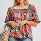 Umgee Full Size Abstract Print Smocked Square Neck Puff Sleeve Blouse