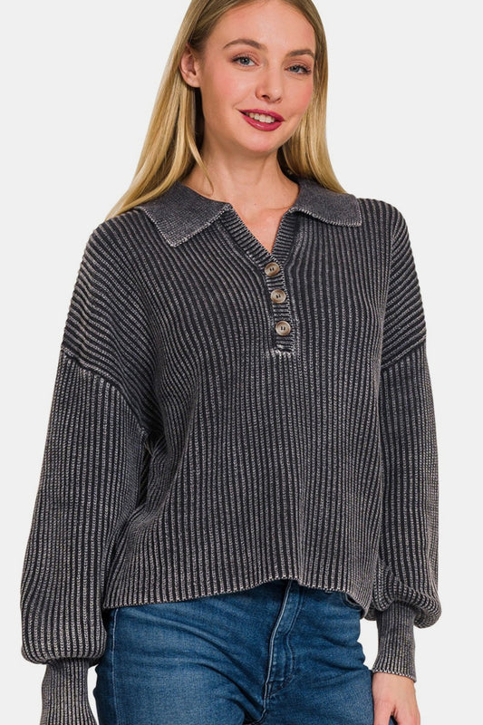 Zenana Washed Half Button Long Sleeve Sweater