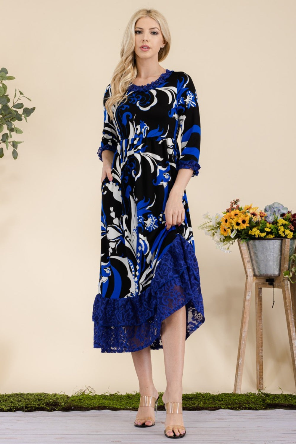 Celeste Full Size Paisley Print Lace Ruffled Midi Dress