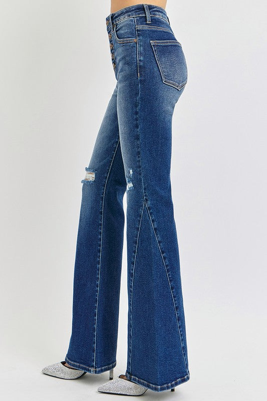 RISEN Distressed Button-Fly Flare Jeans