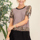 Celeste Full Size Open Tie Sleeve Leopard Color Blocked Top