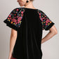 Umgee Full Size Velvet Embroidery Short Sleeve Blouse