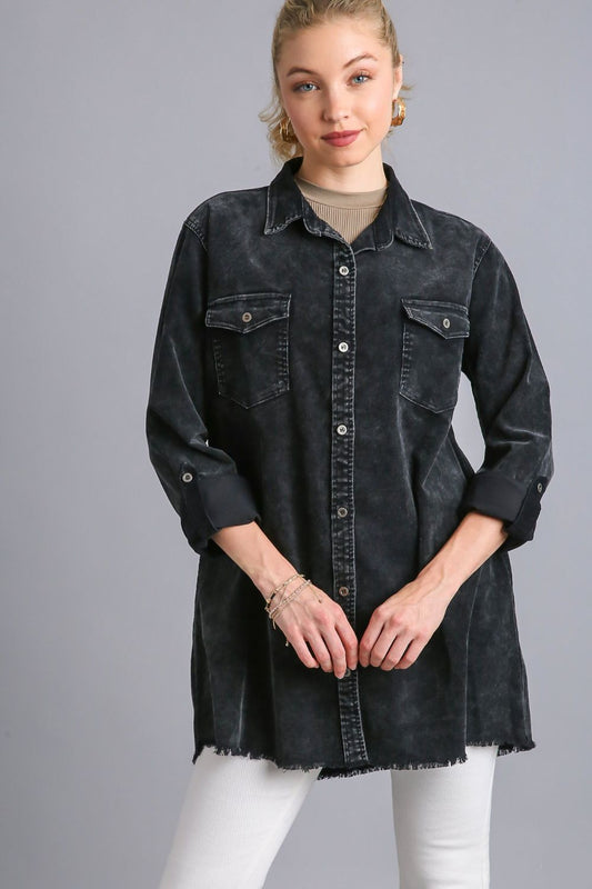 Umgee Raw Hem Button Down Denim Jacket with Chest Pockets