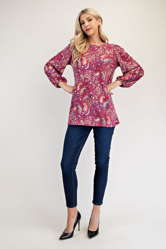 Celeste Full Size Paisley Round Neck Balloon Sleeve Top