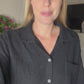 Black relaxed fit waffle knit button down top
