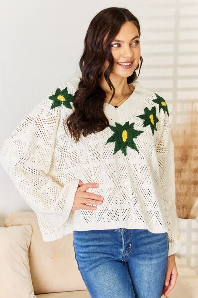 Meadows POL Floral Embroidered Pattern V-Neck Sweater