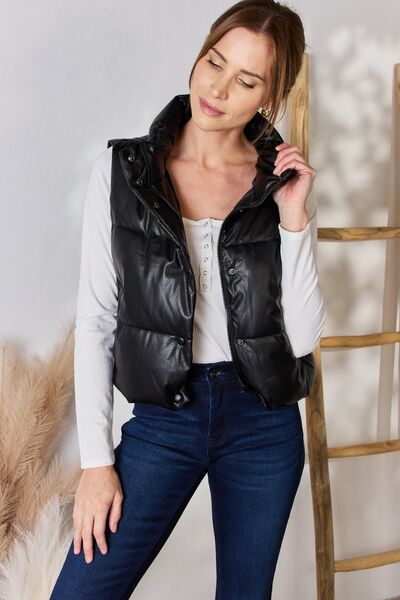 Winter Nights Love Tree Faux Leather Snap and Zip Closure Vest Coat