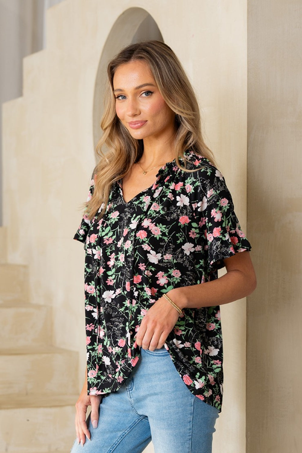Sew In Love Floral Tie Neck Short Sleeve Blouse