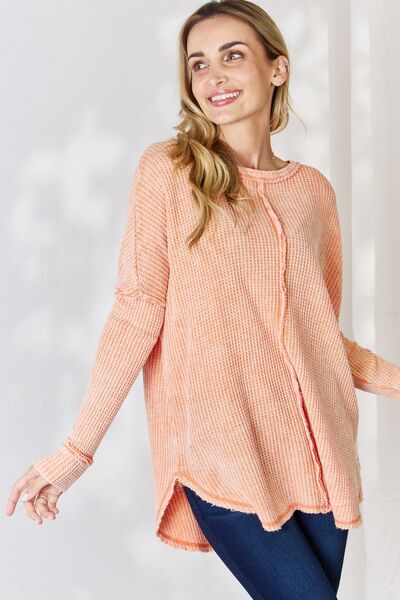 Peachy Zenana Oversized Washed Waffle Long Sleeve Top