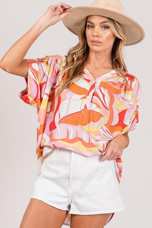 SAGE + FIG Abstract Print Half Button Blouse