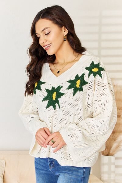 Meadows POL Floral Embroidered Pattern V-Neck Sweater